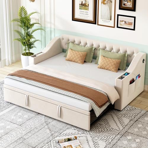 RIAZOS Polsterbett Ausziehbares Schlafsofa 90/180 x 190 cm, Einzelbett Daybett mit USB Type-C Ladefunktion, Armlehnen mit Integrierte Ablage, Samt, ohne Matratze, Beige