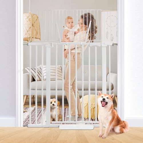 SHYUJAJIE 59 Inch Extra Tall Pet Gate, Adjustable 29.92-43.71 Wide Auto Close Dog Gate with Tall Panels, Pressure Mounted Walk Through Swing Cat Gates for Doorways(White)