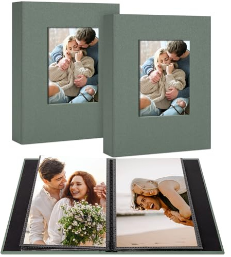 Hiwhy Album Fotografico 2 Pezzi con 48 Tasche Copertina in Lino con Finestra Personalizzabile Pagine Nere per Foto 10x15 per Famiglia Viaggi e Ricordi, Grigio Verde
