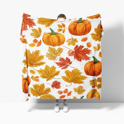 Coperta Pile 100x130 cm Stampa di Zucca Con Foglia D'Acero Autunnale Coperta Plaid Pile Divano Blanket in Flanella, Giallo Dorato Coperta Letto Bambini Calore Morbida, Coperta Leggera Per Campeggio