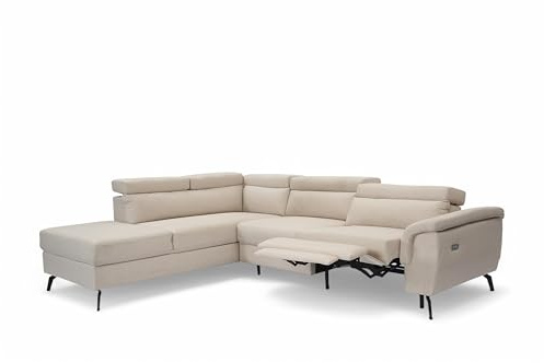 Beige Linen 5-Seater Reclining Corner Sofa | L-Shaped Left-Hand Sofa with Storage Chaise | Electric Reclining | Metal Legs, Robust Frame | Adjustable Headrests & USB Port | Elegant Fabric | Vittorio