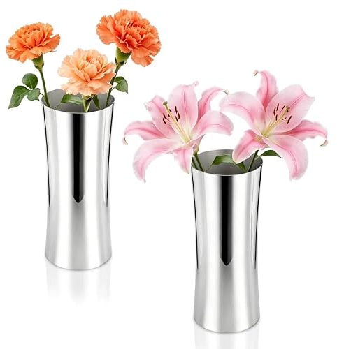 Stainless Steel Vase, Centerpiece Decoration Flower Silver Vase (2pcs) | Metal Elegant Tabletop Flower Vases for Office Home Wedding Decoration