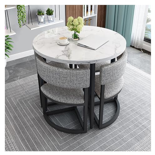 Moderno set da pranzo con tavolo rotondo e 4 sedie, elegante tavolo da cucina con sedili in tessuto, ideale per soggiorno e ufficio, finitura grigia, sala da pranzo gruppi