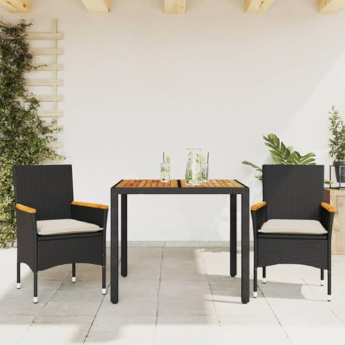 RMIHSJG Set da pranzo da giardino con cuscino, nero, in polyrattan, in acacacia, 4 posti con cuscini imbottiti e tavolo in legno di acacia, resistente alle intemperie, per terrazze, giardino, 3 pezzi