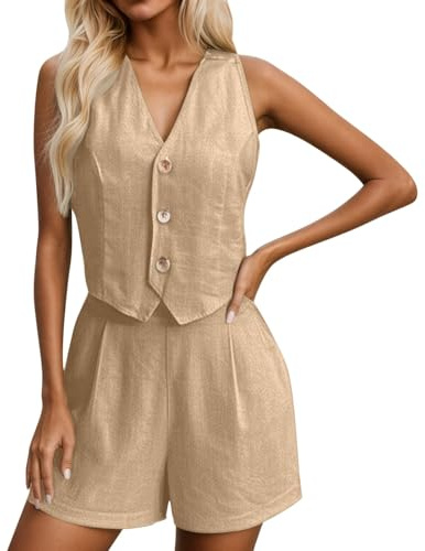 Pantalones cortos de lino para mujer, conjunto de chaleco y pantalones cortos de lino para verano, casual, cuello en V, para otoño y verano