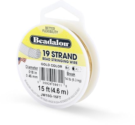 Beadalon 19 Strand Stainless Steel Bead Stringing Wire, .018 in / 0.46 mm, Gold, 15 ft / 4.6 m