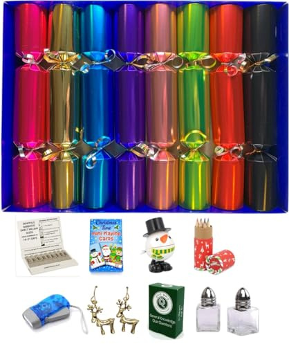 Rainbow Metallic Christmas Crackers – 8 Party Favour Set with Fun Mini Gifts, Jokes & Hats – Colourful Festive Table Decorations for Family Christmas Dinner