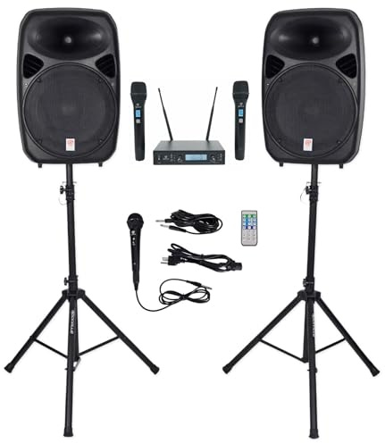 Rockville RPG152K Bundle: (2) 15 1500W Peak / 375W RMS Powered DJ/PA Speakers with Bluetooth, Stands, RWM-200 H2 UHF 200-Channel Handheld Wireless Microphone System, 2-Items