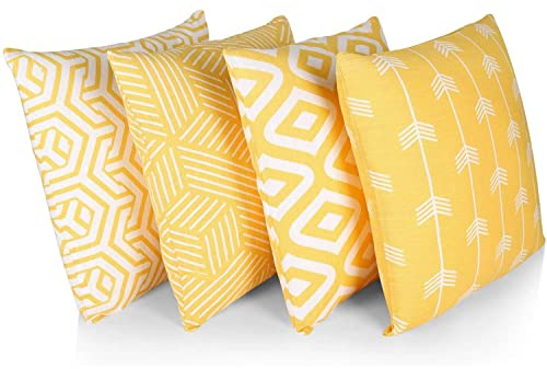 Penguin Home Set of 4 100% Slub Cotton Fabric Cushion Covers 45cm x 45cm Double Sided Square Pillow Covers with Invisible Zipper Pillow Cases for Living Room, Bedroom, Sofa (Yellow/White Mix)