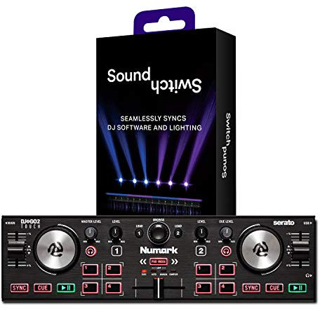 Numark DJ2GO2 Touch + SoundSwitch Micro DMX Interface - 2-Deck USB DJ-Controller für Serato DJ mit Mixer/Crossfader + USB zu DMX Interface mit 3 Monaten freiem SoundSwitch Software-Zugriff