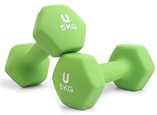 unycos - Par de Mancuernas Antideslizantes de Neopreno, Pesas【5 kg】Ergonómicas con Diseño Hexagonal y Anti-Rodadura, Resistentes, Ideales para Entrenamiento de Fuerza y Gimnasio en Casa (Verde)
