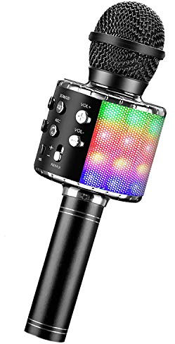 ShinePick Karaoke Kids Microphone, 5 in 1 Recording & Singing Microphone Toy for Children, Dancing LED Lights Portable Karaoke Speaker Machine Wireless Bluetooth for Phone/Pad/TV (Black)