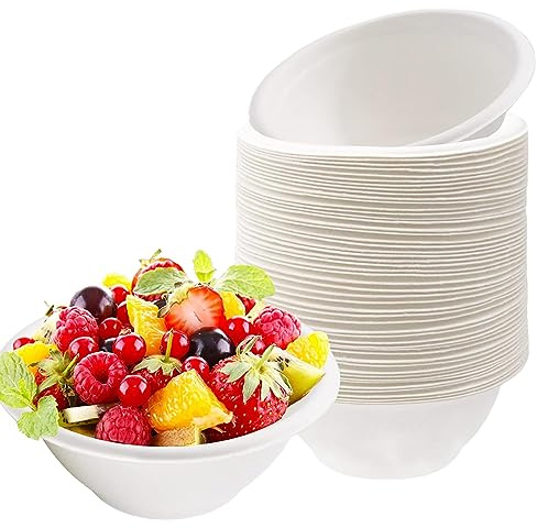 YAAVAAW Disposable Small Paper Bowls White 7.7oz/220ml Bagasse Compostable Eco-Friendly Biodegradable Bowls,50Pcs Party Sugarcane Bowl Dessert Soup Serving for Hot/Cold Food,BBQ Picnic