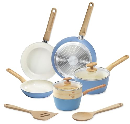 GoodCook 10-Piece Healthy Ceramic Titanium-Infused Cookware Set with Pots, Pans, Steamer, Spoon, and Turner, Nonstick Pots and Pans Set for Kitchen, Light Blue
