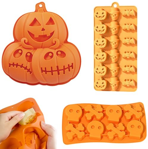 Juego de Moldes para Hornear de Silicona de Halloween de 3 Piezas, Molde de Silicona con Forma de Calabaza Fantasma de Calavera Molde para Pastel 3d, Hacer Muffins de Pastel de Halloweeny Chocolate Du