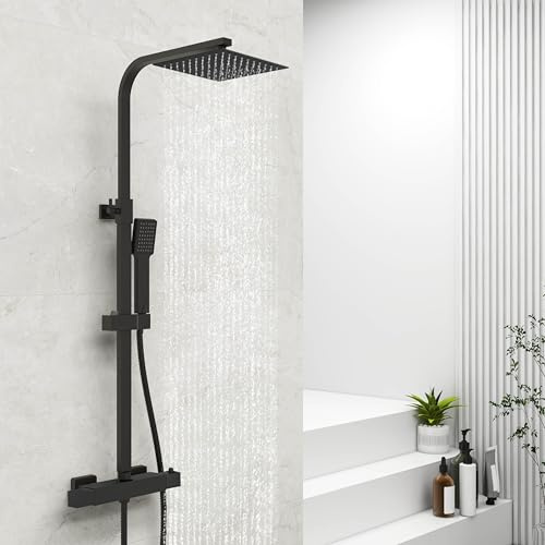 Thermostatic Shower System, Square Thermostatic 38℃ Shower Mixer Set with 20 x 20 cm Rainfall Shower Head, Handheld Shower, Riser Rail, Adjustable Height Anti Scald Matte Black Shower Set