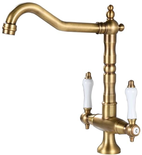 Antique Brass Kitchen Faucet Retro Dual Handle Mixer High Pressure Bathroom Sink Tap 360° Swivel Spout Vintage Washbasin Water Tap for Kitchen and Bathroom