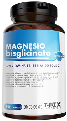 Magnesio Bisglicinato 375mg con Vitamina B6, B1 e Acido Folico | Integratore Alta Biodisponibilità | Sistema Nervoso, Energia, Muscoli e Ossa T-Rex Integratori (90 compresse)