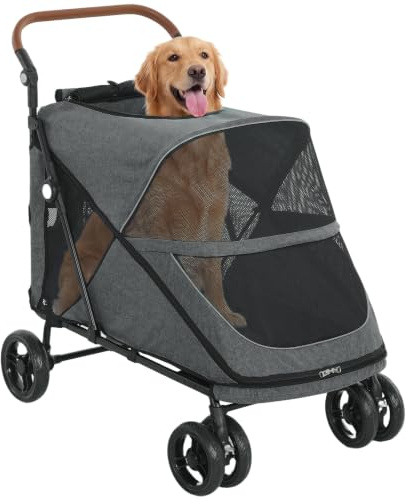 PawHut Carrito para Perros y Gatos Grande Plegable hasta 30 kg Gris | Plegable con un Botón, Cochecito para Perros Medianos y Grandes, Suspensión 4 Ruedas, Giratorio, Freno de Pie, Cojín Lavable