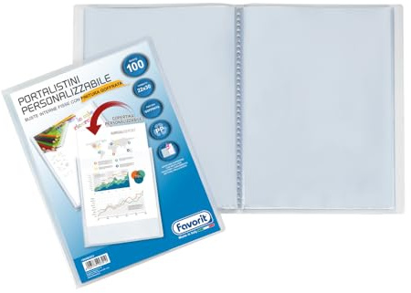 FAVORIT Portalistino con Buste Fisse e Tasca Frontale Personalizzabile - 100 fogli trasparenti - 22x30 cm A4
