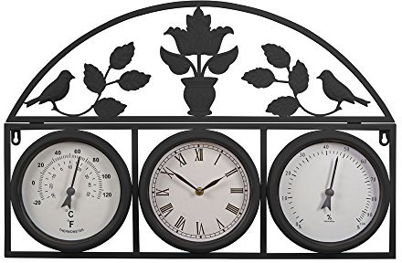 Wyegate Clock Company Decorative Large Garden Clock Outdoor Weather Station Thermometer Hygrometer (Large, Black)