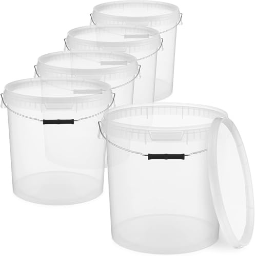 BenBow Eimer mit Deckel 20l transparent 5X 20 Liter - lebensmittelecht, stabil, luftdicht, auslaufsicher - Vorratsbehälter für Aufbewahrung aus Kunststoff, mit Metall-Henkel - leer