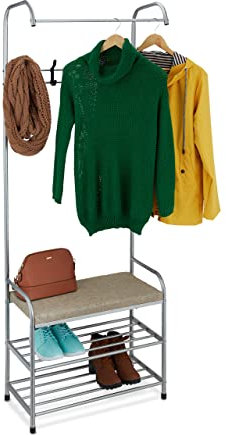Relaxdays Garderobe mit Schuhablage & Sitzbank, Metall, stehend, Flurgarderobe mit 4 Haken, HBT: 173x64x30 cm, grau