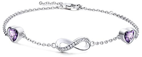 Qings Sterling Silber Infinity Armband Damen Unendlichkeit Liebes Herz Armbänder mit Lila Amethyst Zirkonia Kristallen Verstellbar Armkette Muttertag Weihnachten Geschenk für Mama Mädchen Frauen