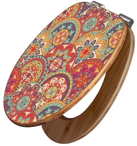 banjado Design WC Sitz Bambus Absenkautomatik 45,8x37,5cm / Toilettendeckel mit Absenkautomatik Holz/hochwertiger Bambus Klodeckel/WC-Sitz für gängigen Toiletten/Motiv Rosetten