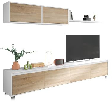 duehome | Conjunto Reversible de Salon, Mueble de TV, Modulos de Comedor, Modelo Arlet, Acabado en Blanco Artik y Roble Canadian, Medidas: 200 cm (Largo) x 41 cm (Fondo) 43 cm (Alto)