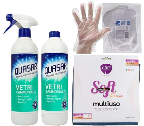 SET PULIZIA: Quasar VETRI con AMMONIACA, Sgrassa, Asciuga Rapido, 580ml + Panno In Microfibra Multiuso SOFT, 33x33 + 100pz Guanti HDPE Monouso (1 Spray + 1 Ric + 1 Panno + Guanti)