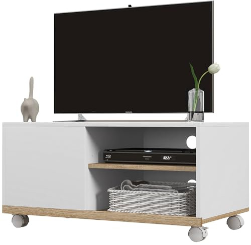 HOMCOM Mobile TV con Ruote, Mobile Porta TV Fino a 42 con Armadietto, Ripiani Aperti Regolabili, Foro Passacavi, Mobiletto per Televisore, per Soggiorno, Camera da Letto e Salotto, 80x45x41 cm Bianco