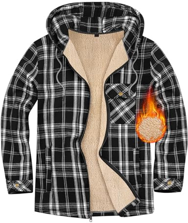 Xnova Flanellskjorta Herr Långärmad Rutig, Casual Zip Sweatshirt Huvjacka Fleecefoder, Varm Kappa Vadderad Skjorta Hoodies Sweatshirt med Fickor Vinter Höst, Svart, L