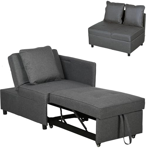 HOMCOM Sofá Cama 3 en 1 Sofá Individual con Respaldo Ajustable Sillón Cama Individual con Almohadas para Dormitorio Sala de Estar Apartamento Gris