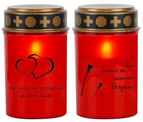Velas LED para tumba, 2 unidades, resistentes a la intemperie, 12,3 x 7 cm, plástico, con efecto parpadeante realista, forma de corazón y diente de león, farol para tumba (rojo)