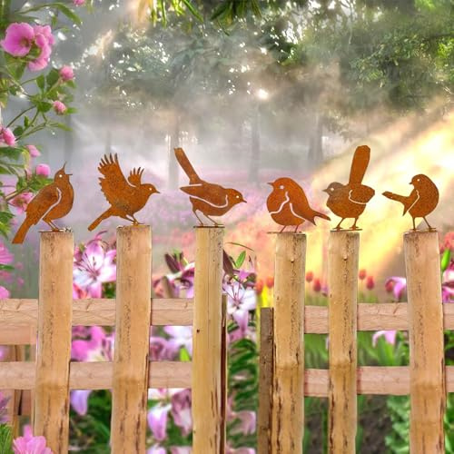 TourKing 6 Pcs Metal Bird Garden Ornaments,Rusty Bird Craft Garden Decorations,Garden Fence Decorations,Patio,Lawn & Flower Pots,Metal & Rusty Garden Ornaments – Perfect for Outdoor Fence Decorations