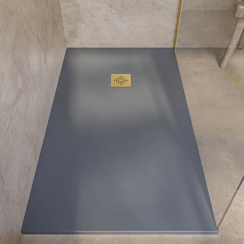 SOULBATH Plato de Ducha - Resina - Gel Coat - Textura Liso/Piedra - Antideslizante - Color Gris Cemento - 100X75- Extraplano 3cm. Incluye Válvula de desagüe - REJILLA GOLD