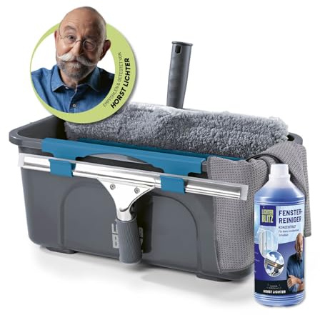 LICHTERBLITZ Set completo per la pulizia dei vetri, professionale, con lavavetri, secchio da 12 litri con ripiano, raschietto, panno in microfibra e detergente, per casa e auto