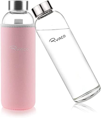 RYACO Borosilicate Glass Water Bottle 550ml-18oz BPA-Free Leak Proof Ideal for School Home Office Travel Sport Yoga Gym Hot Cold Drinks with Portable Neoprene Carrying Sleeve and Sponge Brush