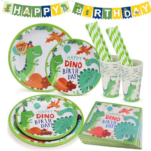 hicoosee 100 PCS Dino Vaisselle de Fête avec Unique Decoration Anniversaire Dinosaure, Jetable Vaisselle ont Assiettes Gobelets Papier Pailles Serviettes, Party Assiettes pour Enfants, 20 Invités