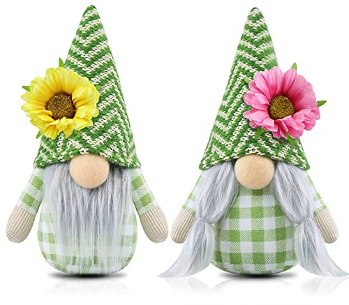 Gehydy Decorazioni Primavera Gnomi Set di 2 Pasqua Gnomo Floreale Peluche Home Decor per Casa Cucine 17cm (Verde)