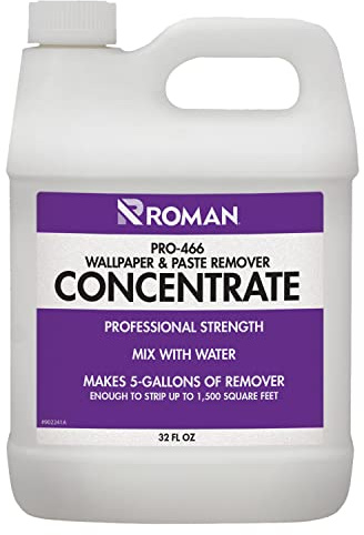 Roman Wallpaper Remover Concentrate, Contractor Strength Wallpaper Stripper and Adhesive Remover, Unscented, Non-Staining, Clear, PRO-466, 32 Ounce, 1,500 Sq. Ft.