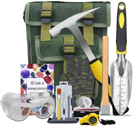 14 Piece Geological Hammer Kit, Gold Mining & Prospecting Equipment Tool, Musette Bag, 22 oz Digging and Hammer Chisels, Shovel, Magnifier, Whistle, Glasses