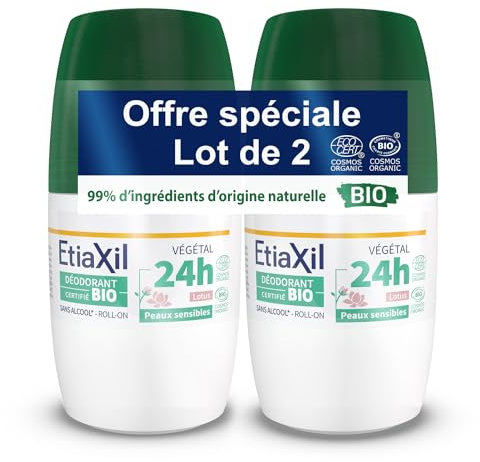 ETIAXIL - Déodorant Végétal Certifié BIO Parfum Lotus 24H - Aisselles - Adapté aux peaux sensibles - Roll-on - 2x50 ml