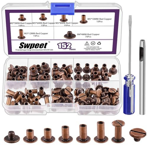 Swpeet 152 remaches de cuero con tornillo de bronce rojo M5x5mm, 6mm, 8mm, 10mm, 12mm, con punzón y destornillador, perno circular de cabeza plana para proceso de cuero DIY y encuadernación