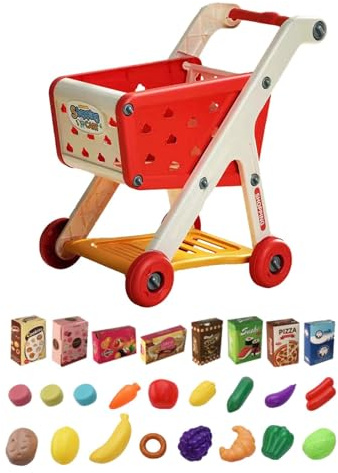 F Fityle Ensemble de Chariot de supermarché pour Enfants, Jouets de Rangement de Bureau, Mini-Caddie de Courses, Jeux de rôle, Rouge