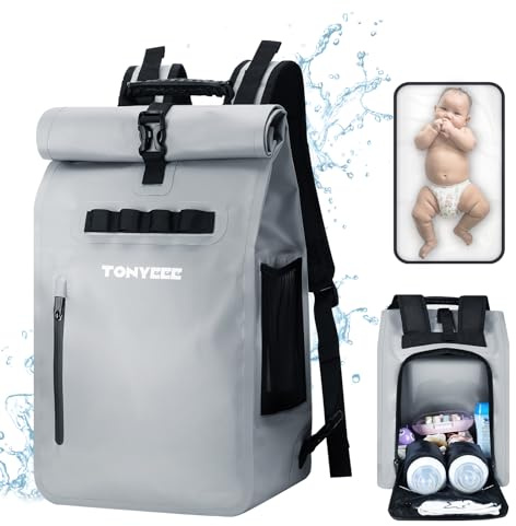 Tonyeee Waterproof Changing Backpack, Casual Changing Bag, Rolltop Backpack with Bottle Warmer, Changing Mat and Pram Attachment - Grey