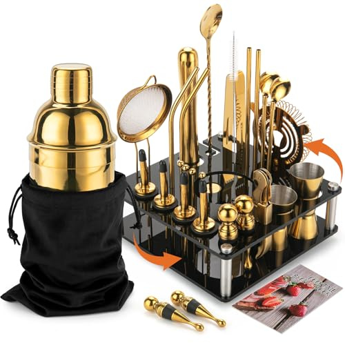 KINGROW Mixology - Juego completo de coctelera de 29 piezas y herramientas de bar con soporte giratorio acrílico, juego de bar profesional para mezclar bebidas, hogar, bar, fiesta (dorado)
