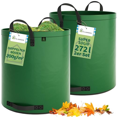 TTL Garden 2 sacos de jardín de 272 L, muy sólidos, color verde, doble suelo, 2 x 200 g/m², extraestables y resistentes a la rotura, 4 asas, grandes y resistentes, juego de 2 bolsas de basura para