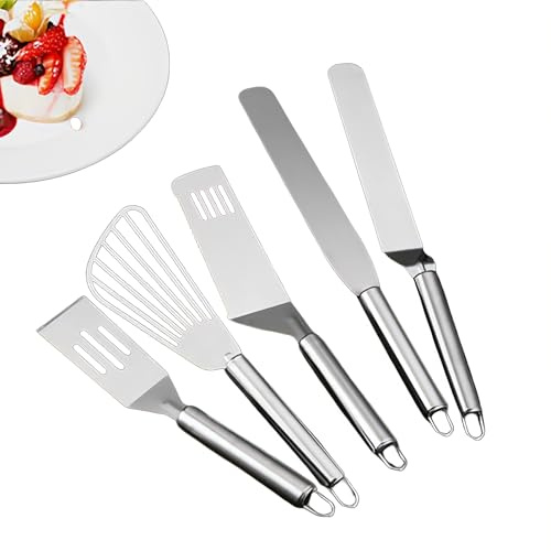 5 PCS Stainless Steel Fish Spatula Set Stainless Steel Metal Griddle Spatula Slotted Spatula Professional Kitchen Spatula Suitable for Cooking Barbecue